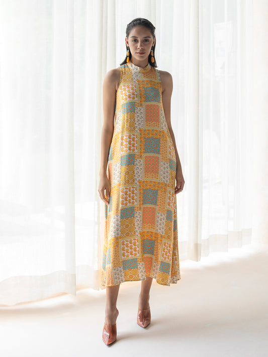 Peach Scarf Printed Sleeveless Maxi Dress
