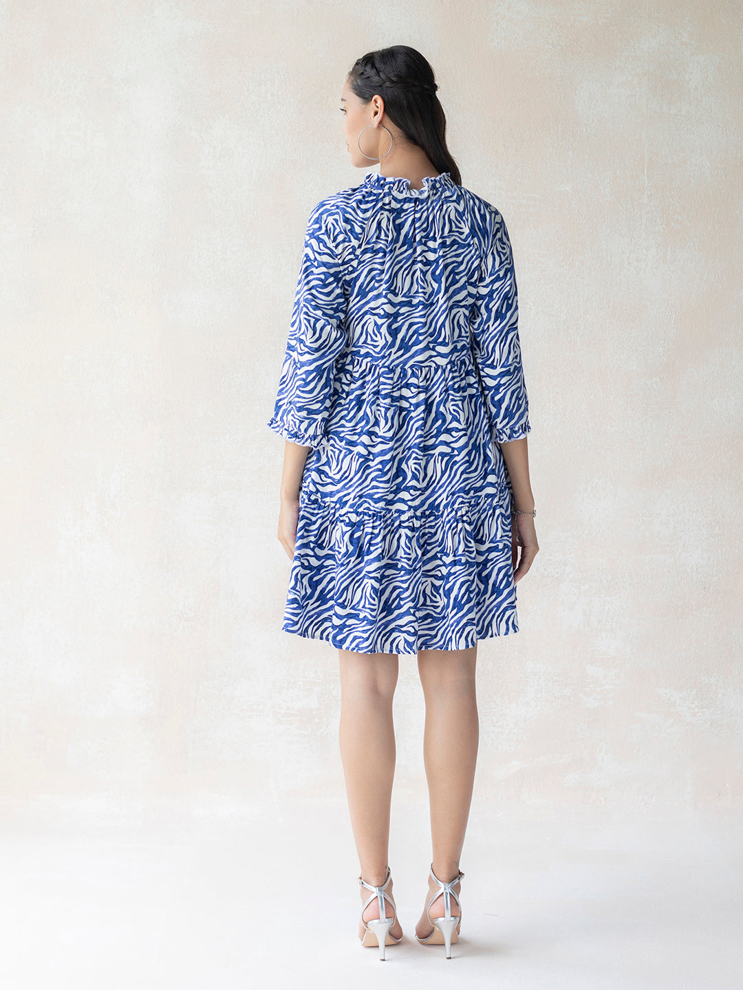 Blue Zebra Print Tiered Mini Dress