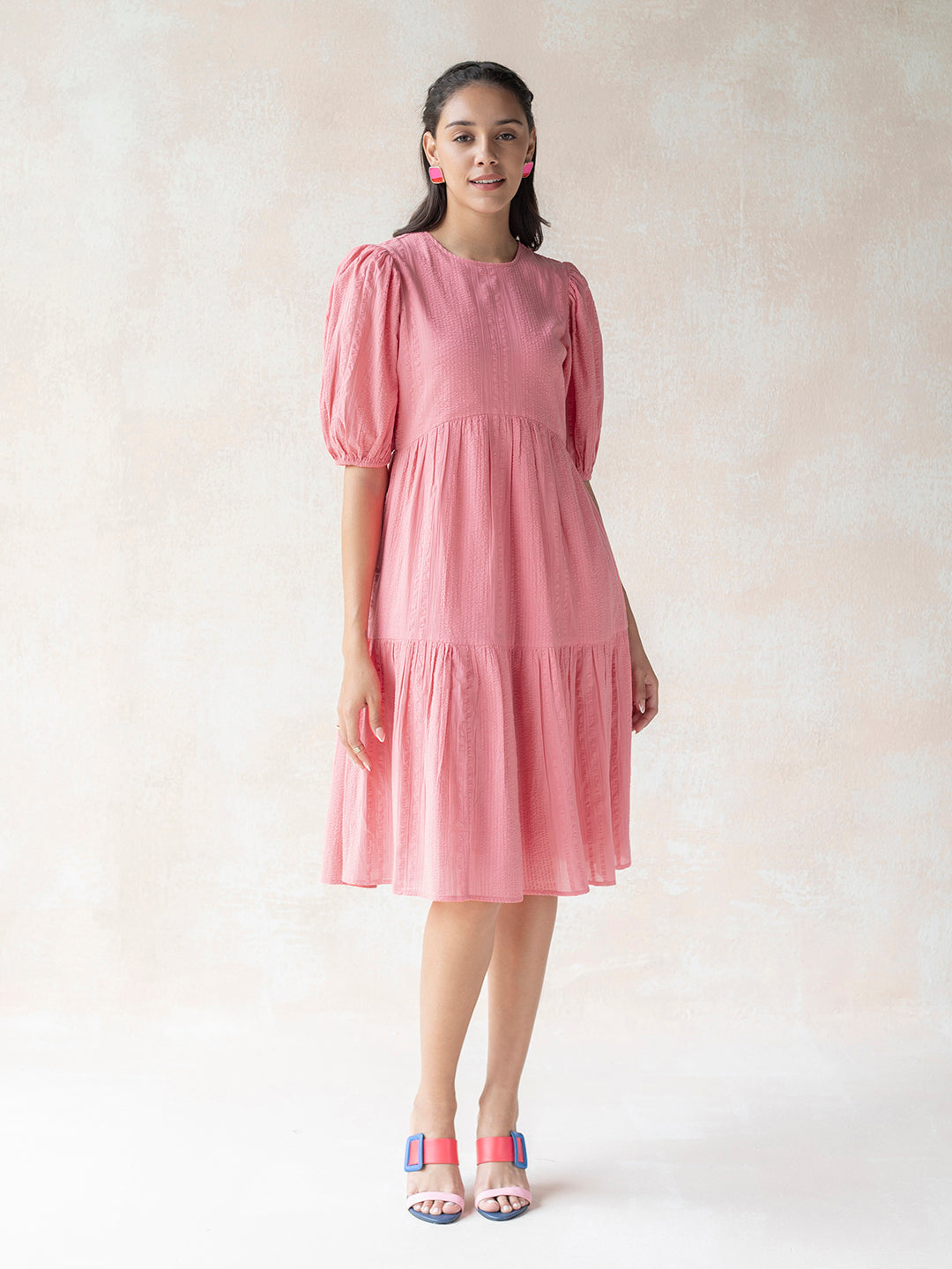 Coral Pink Cotton Tiered Midi Dress