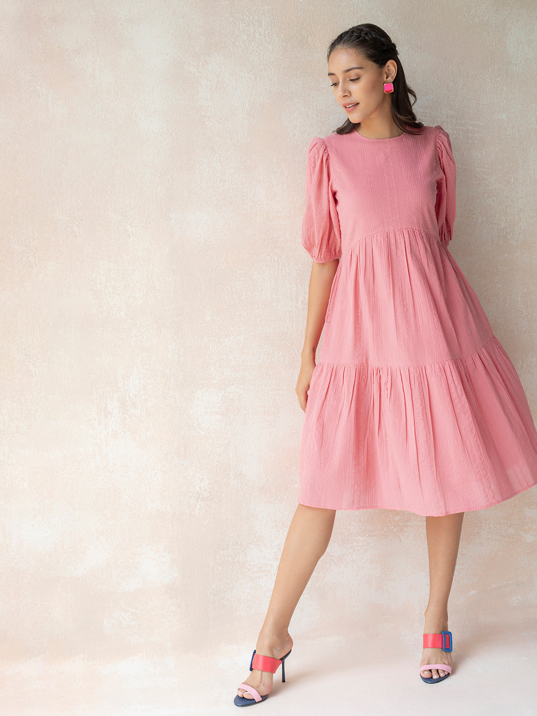 Coral Pink Cotton Tiered Midi Dress