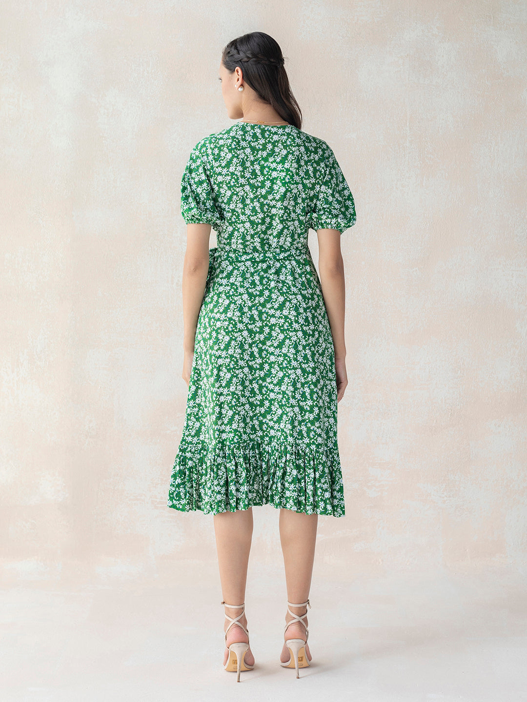 Green And Blue Floral Printed Front Wrap Midi Dress