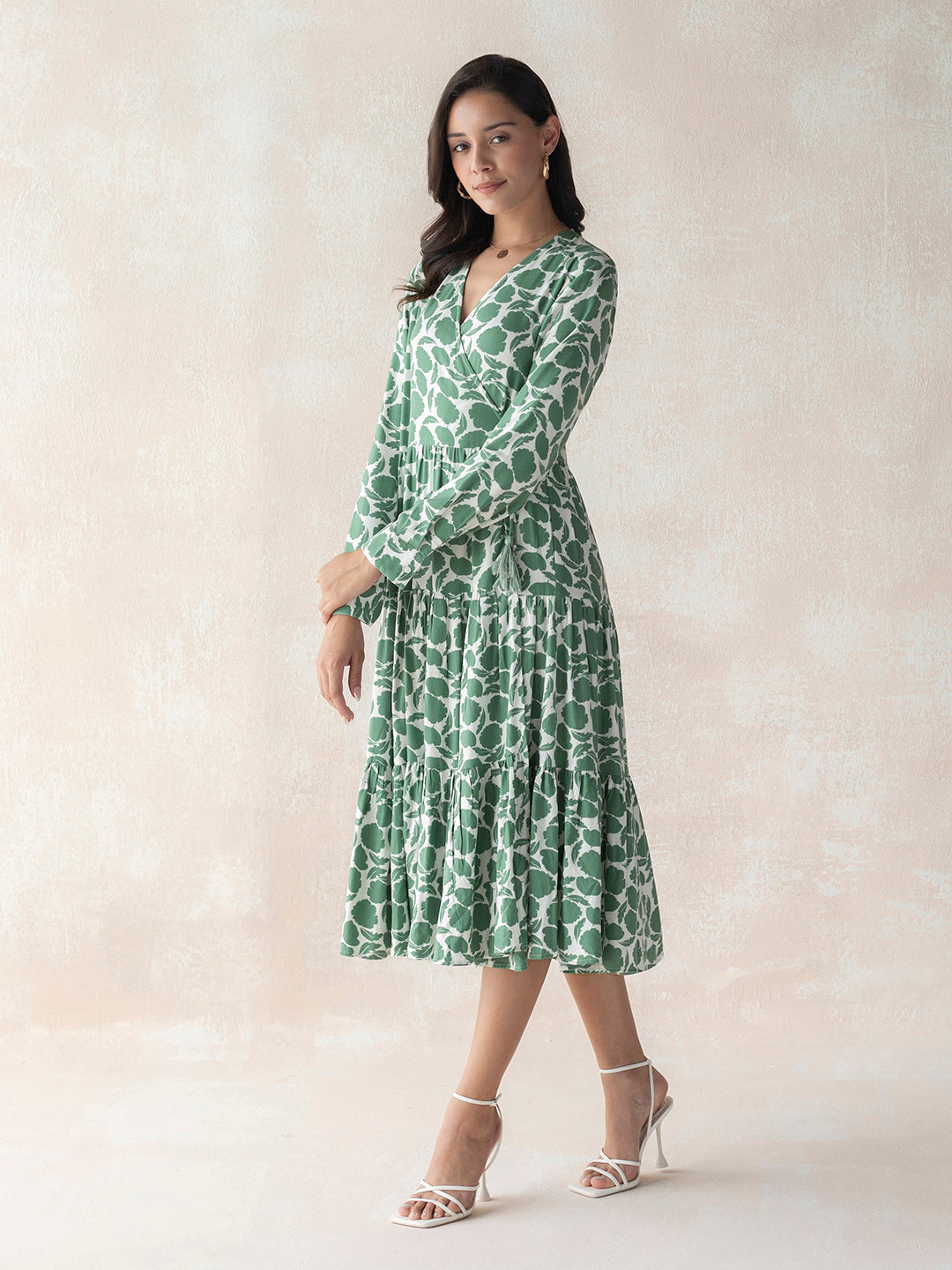 Green Floral Wrap Midi Tier Dress