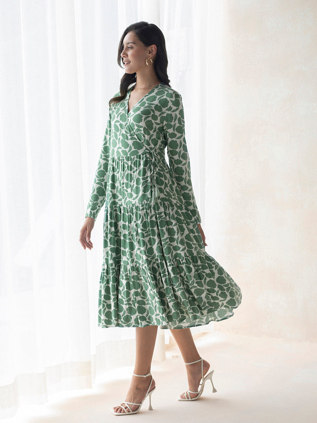 Green Floral Wrap Midi Tier Dress