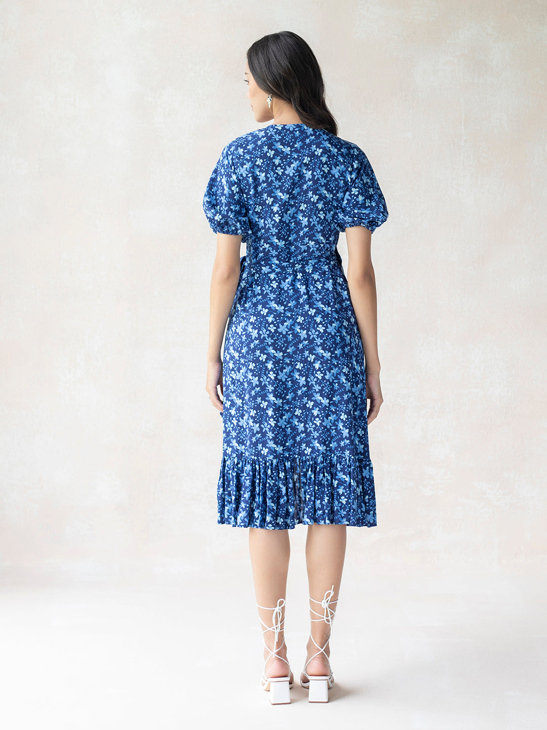 Blue Watercolor Floral Printed Front Wrap Midi Dress