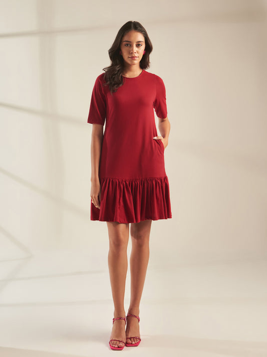 Deep Red Jersey Tier Dress